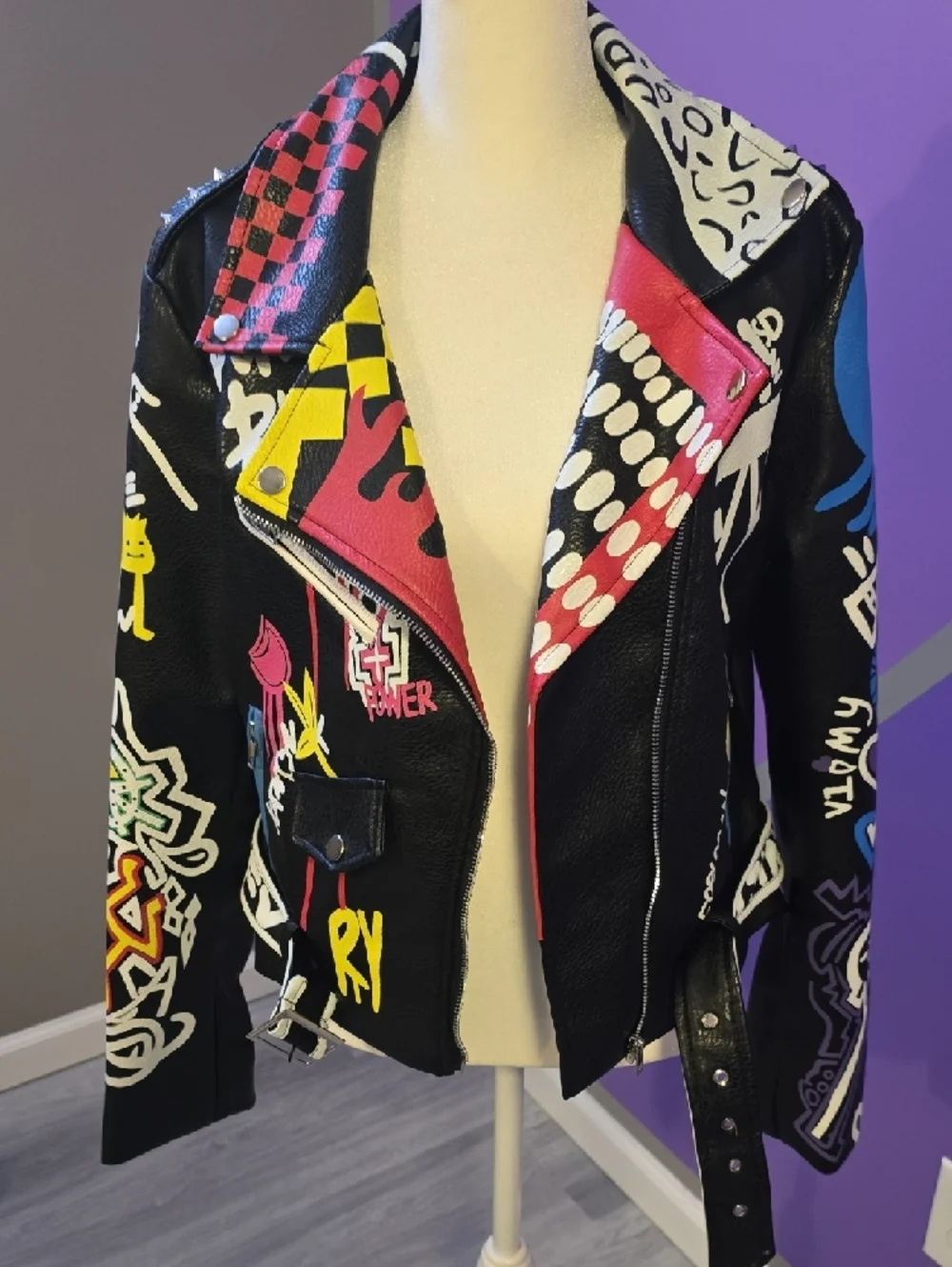 Painted Black Leather Biker Jacket with Multicolor Graffiti Accents - Picture 2 of 14